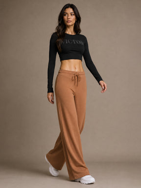 Tan Terry Wide Leg Track Pants-SASSAFRAS