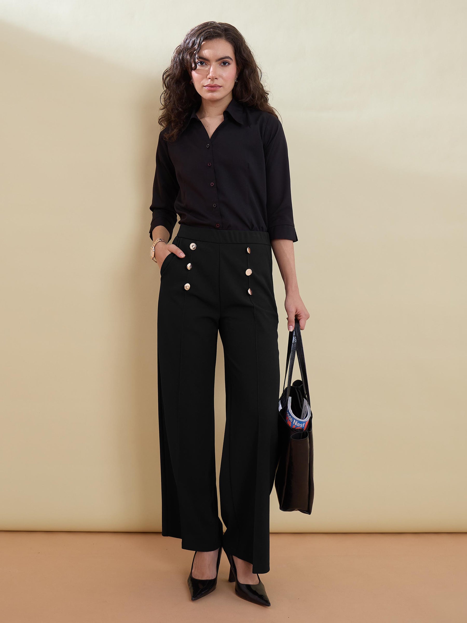 Black Front Darted Golden Button Straight Pants-SASSAFRAS worklyf