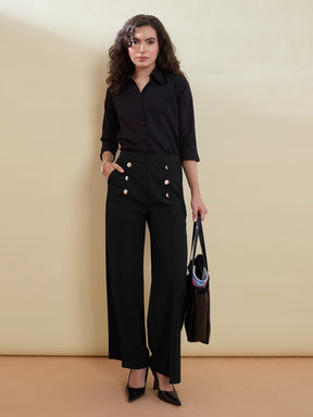 Black Front Darted Golden Button Straight Pants-SASSAFRAS worklyf