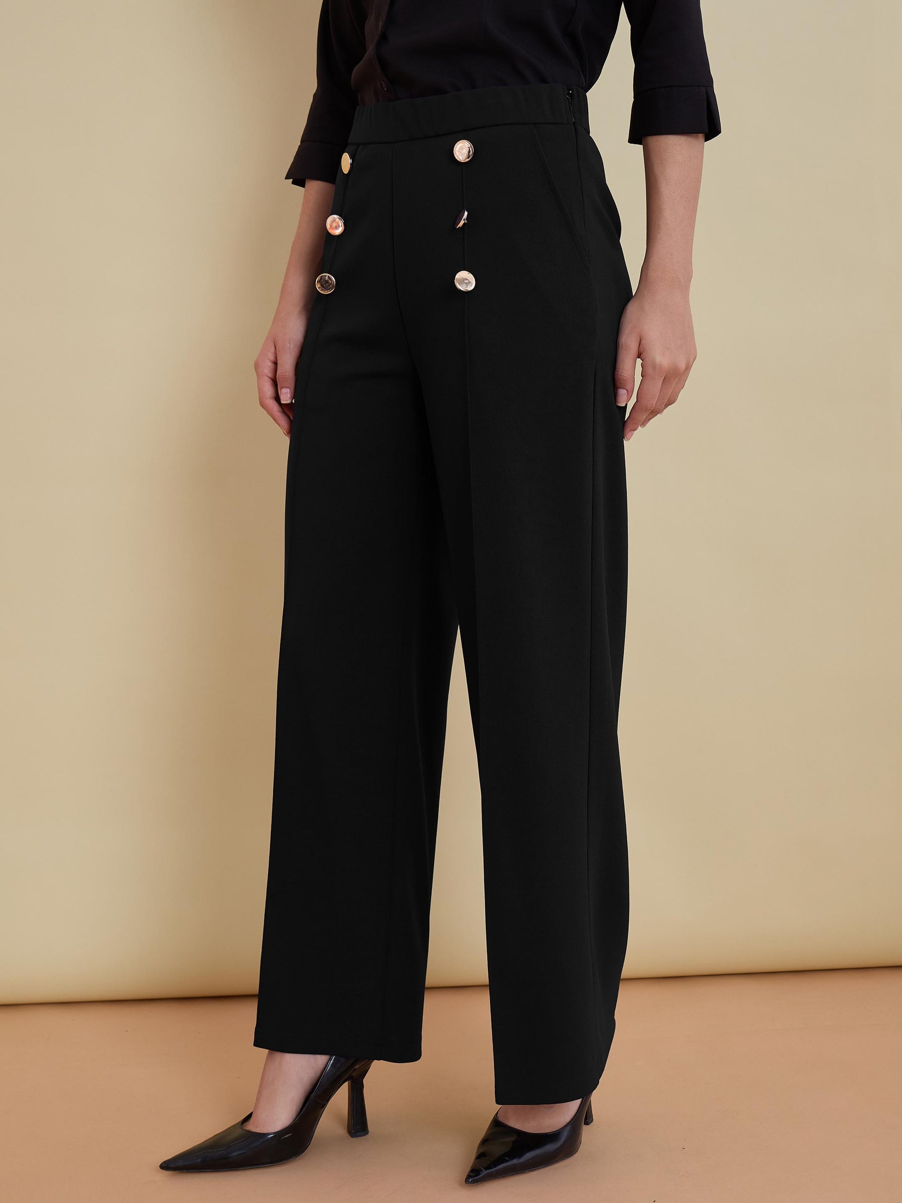 Black Front Darted Golden Button Straight Pants-SASSAFRAS worklyf