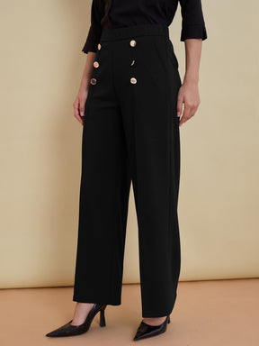 Black Front Darted Golden Button Straight Pants-SASSAFRAS worklyf