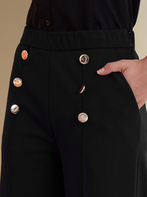 Black Front Darted Golden Button Straight Pants-SASSAFRAS worklyf