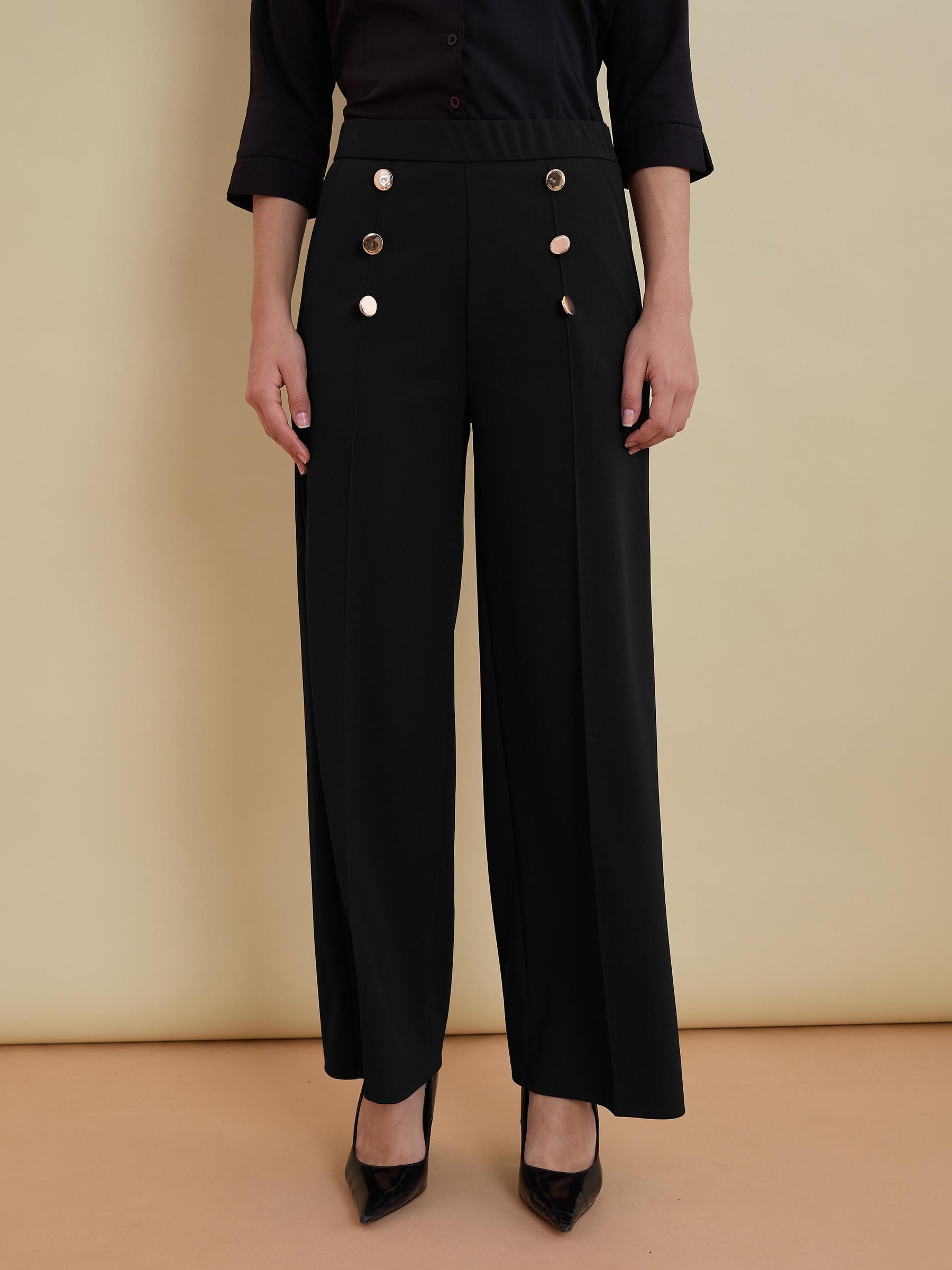 Women Black Front Darted Golden Button Straight Pants