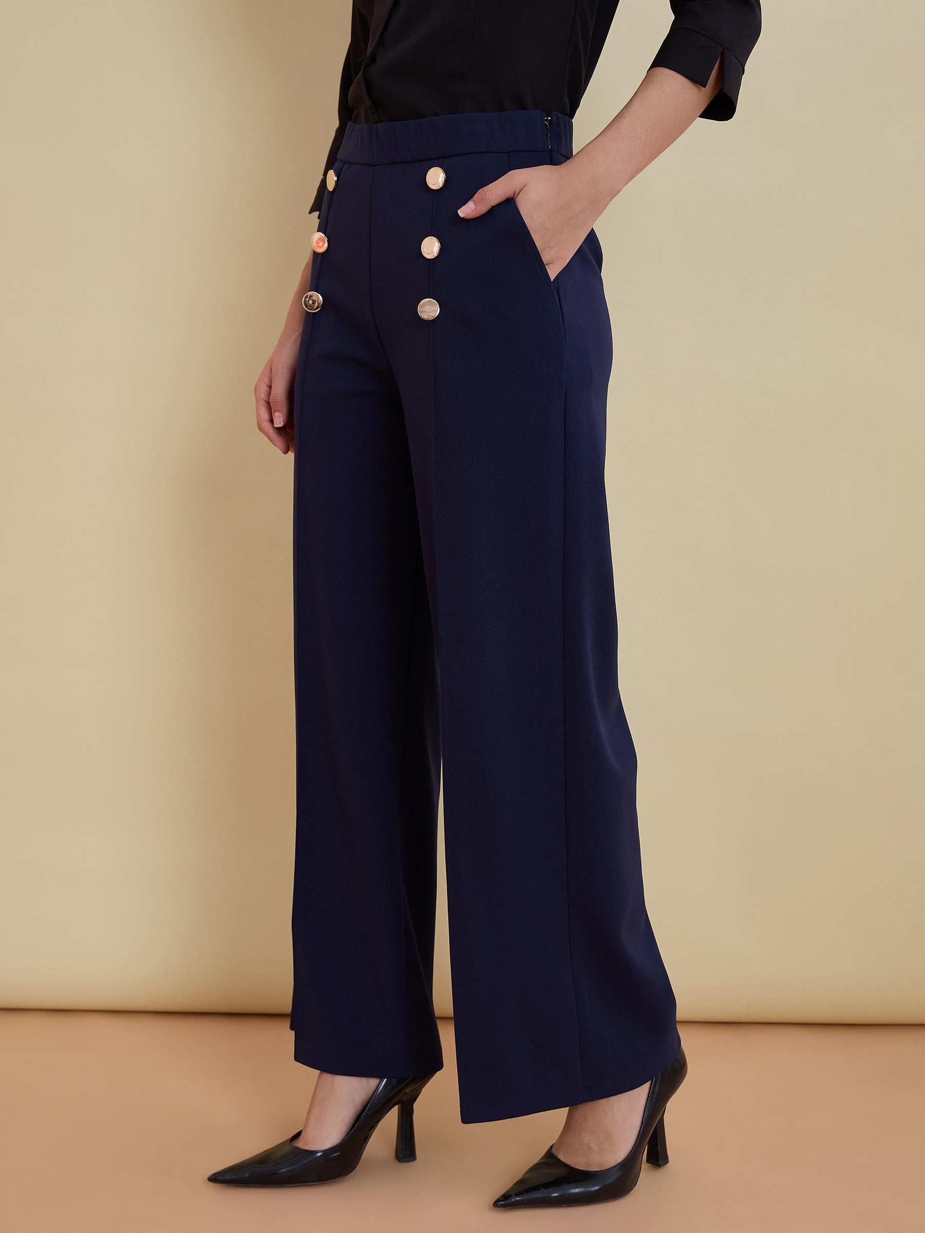 Navy Front Darted Golden Button Straight Pants-SASSAFRAS worklyf