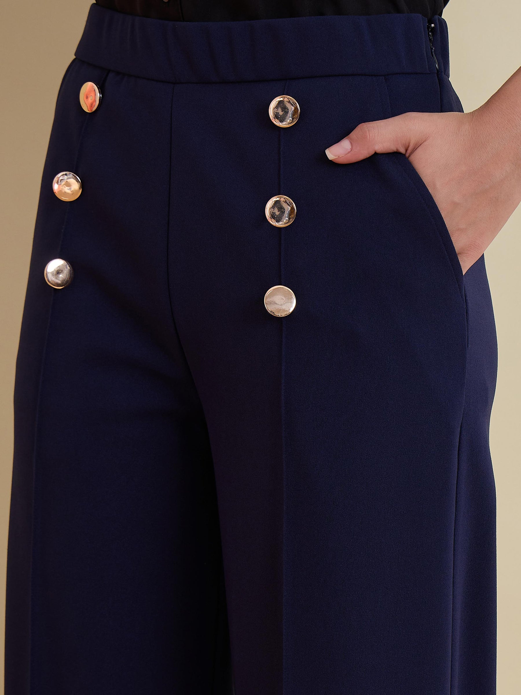 Navy Front Darted Golden Button Straight Pants-SASSAFRAS worklyf