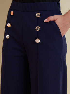 Navy Front Darted Golden Button Straight Pants-SASSAFRAS worklyf