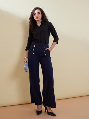 Women Navy Front Darted Golden Button Straight Pants