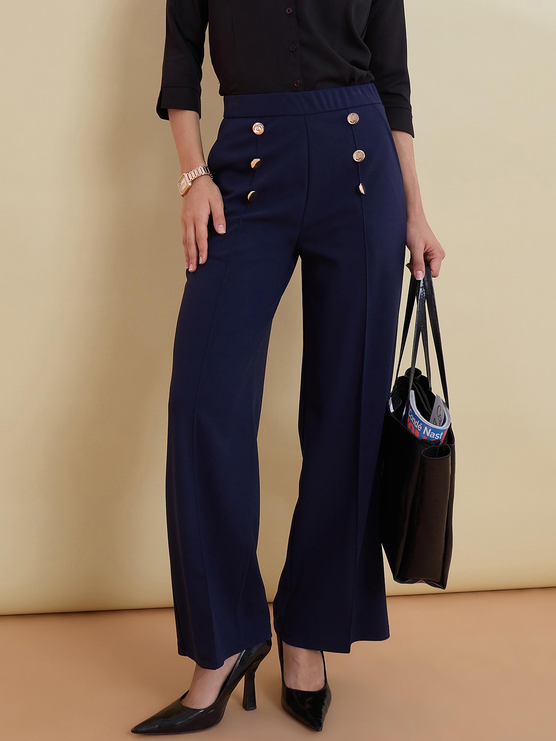 Women Navy Front Darted Golden Button Straight Pants