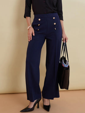 Women Navy Front Darted Golden Button Straight Pants