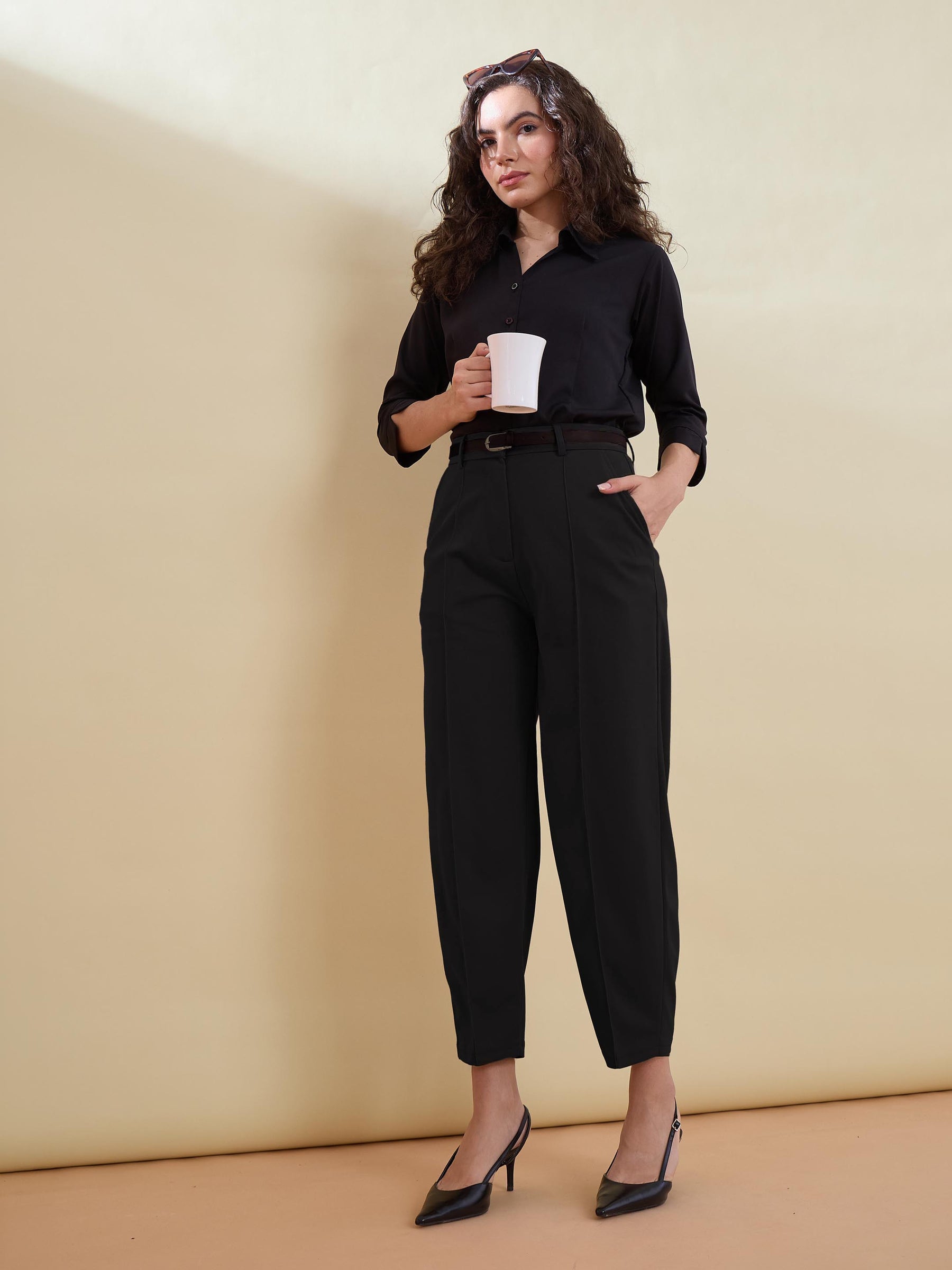 Black Front Darted Mom Fit Pants With PU belt-SASSAFRAS worklyf
