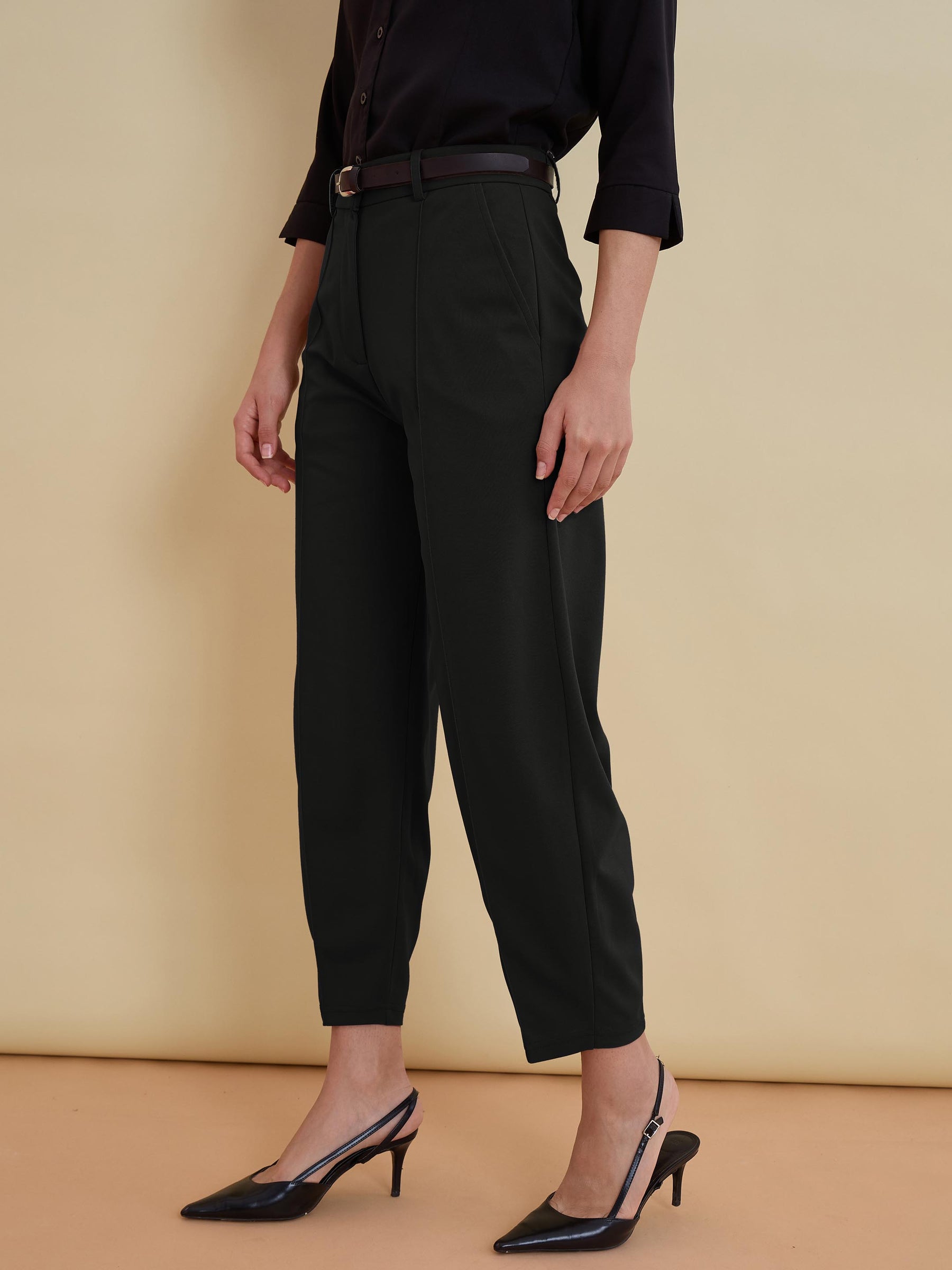 Black Front Darted Mom Fit Pants With PU belt-SASSAFRAS worklyf