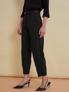 Black Front Darted Mom Fit Pants With PU belt-SASSAFRAS worklyf