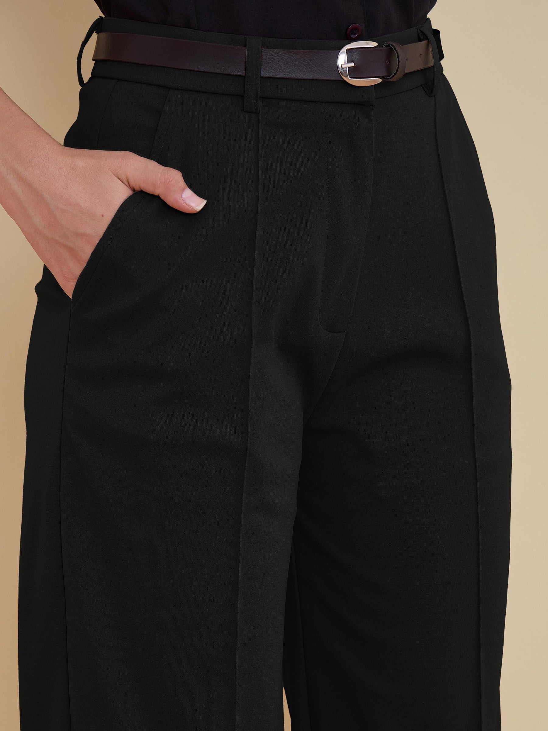 Black Front Darted Mom Fit Pants With PU belt-SASSAFRAS worklyf