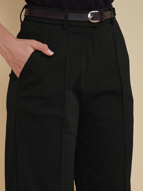 Black Front Darted Mom Fit Pants With PU belt-SASSAFRAS worklyf