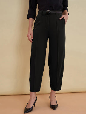 Women Black Front Darted Mom Fit Pants With PU belt