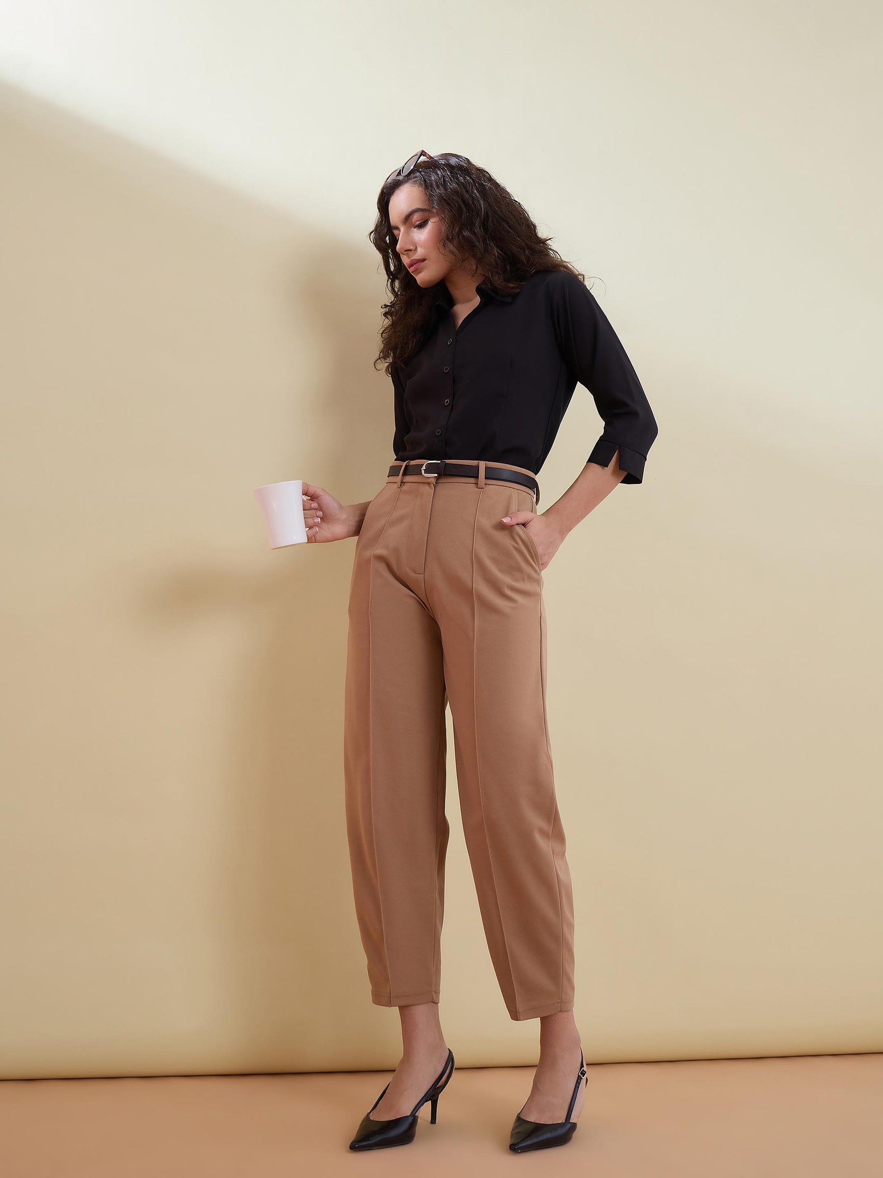 Beige Front Darted Mom Fit Pants With PU belt-SASSAFRAS worklyf