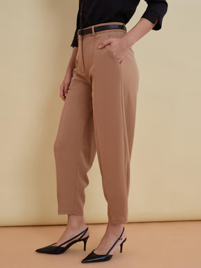 Beige Front Darted Mom Fit Pants With PU belt-SASSAFRAS worklyf