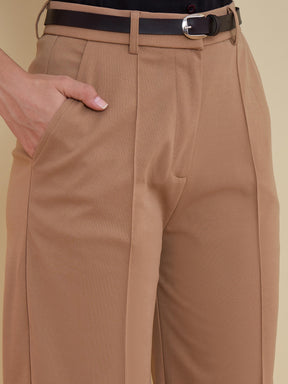 Beige Front Darted Mom Fit Pants With PU belt-SASSAFRAS worklyf