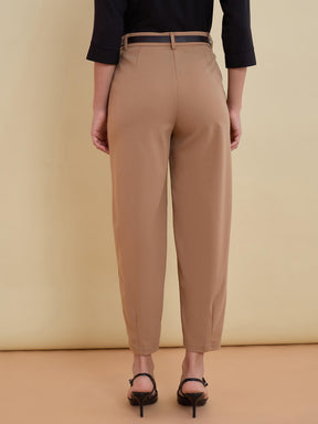 Beige Front Darted Mom Fit Pants With PU belt-SASSAFRAS worklyf
