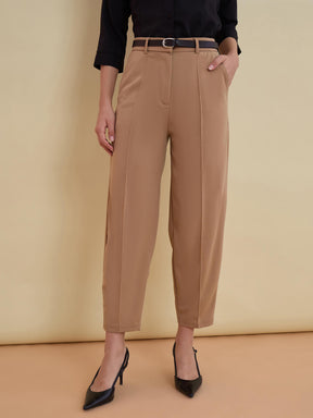 Women Beige Front Darted Mom Fit Pants With PU belt