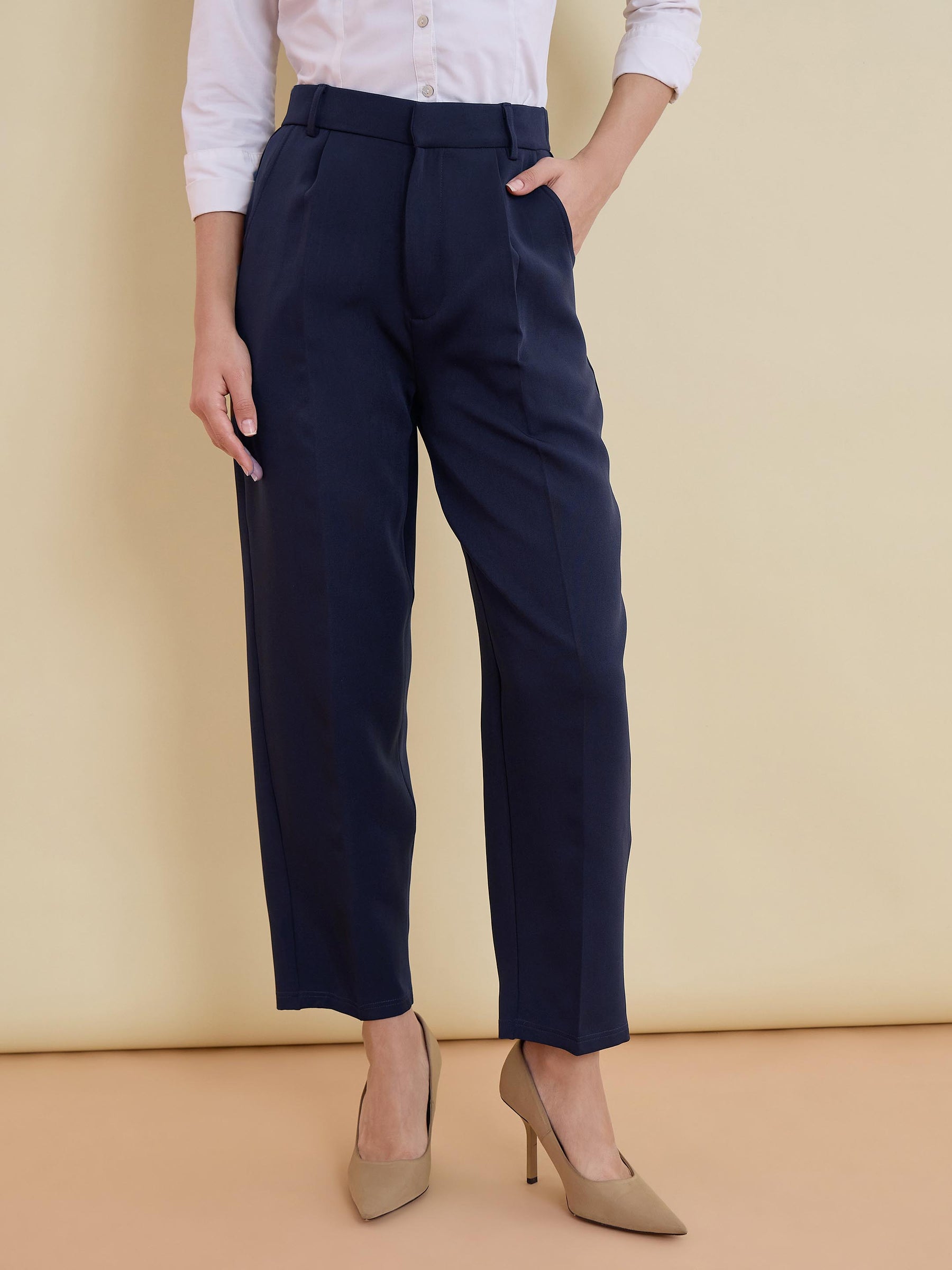Women Navy High-Rise Formal Trousers