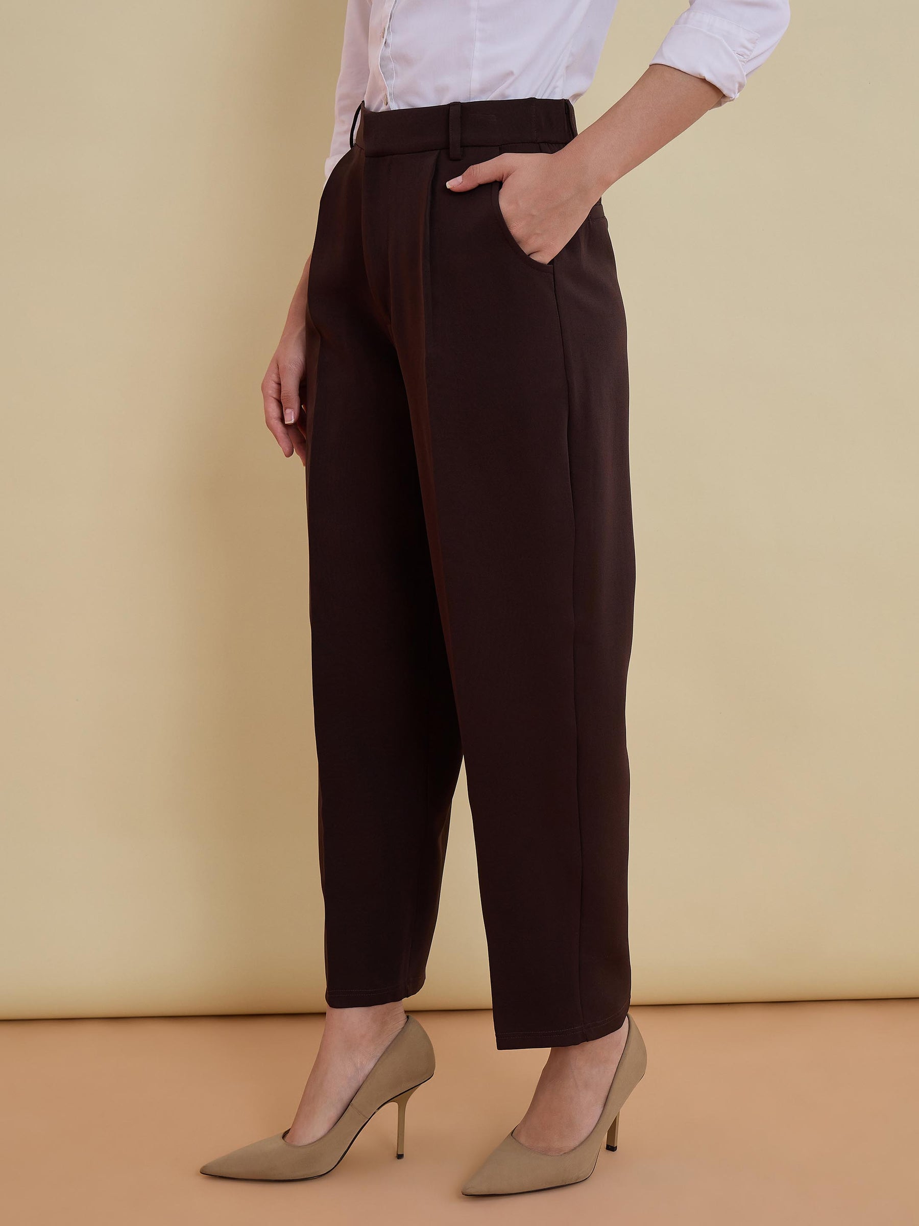 Coffee Brown High-Rise Formal Trousers-SASSAFRAS worklyf