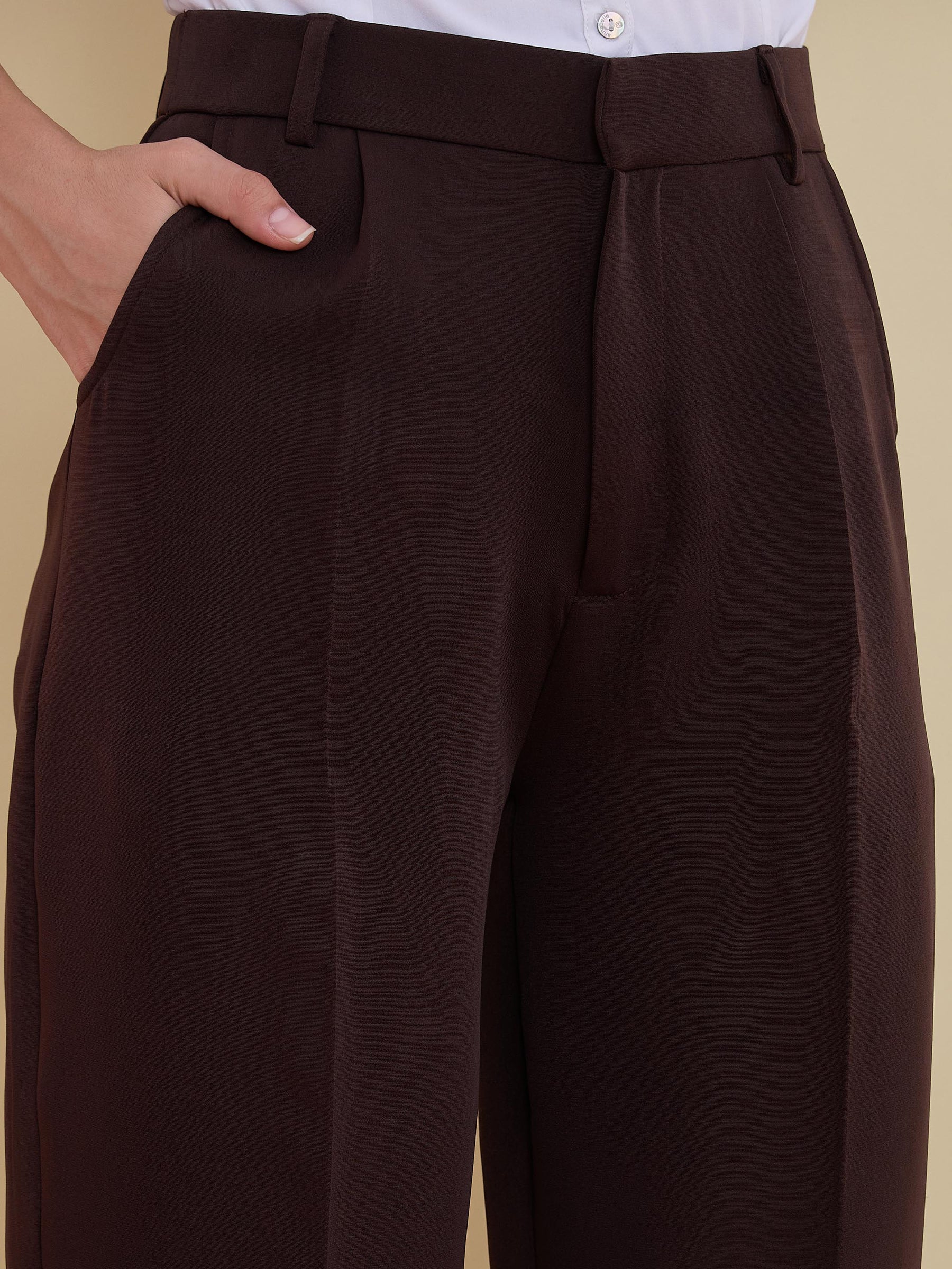 Coffee Brown High-Rise Formal Trousers-SASSAFRAS worklyf
