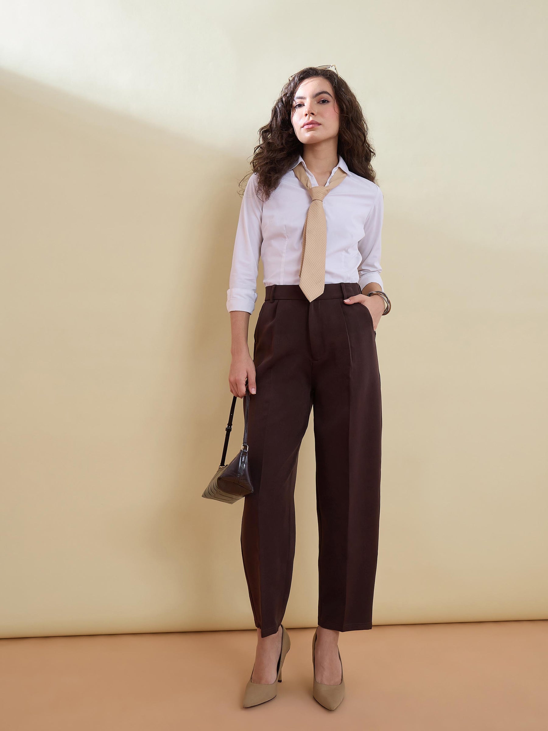 Women Coffee Brown High-Rise Formal Trousers