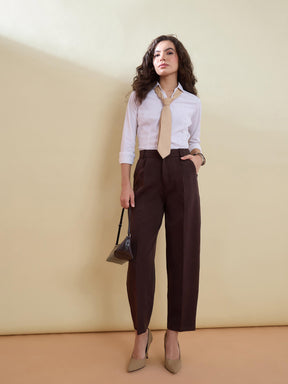 Women Coffee Brown High-Rise Formal Trousers
