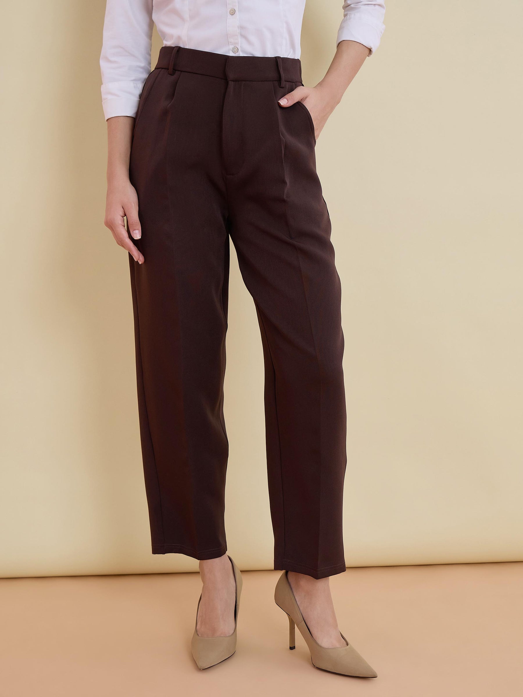 Women Coffee Brown High-Rise Formal Trousers