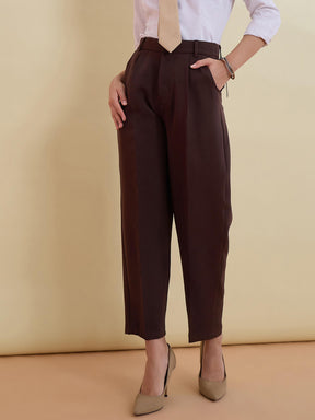 Women Coffee Brown High-Rise Formal Trousers
