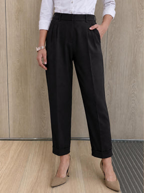 Black Roll Hem Front Pleated Formal Trousers-SASSAFRAS worklyf