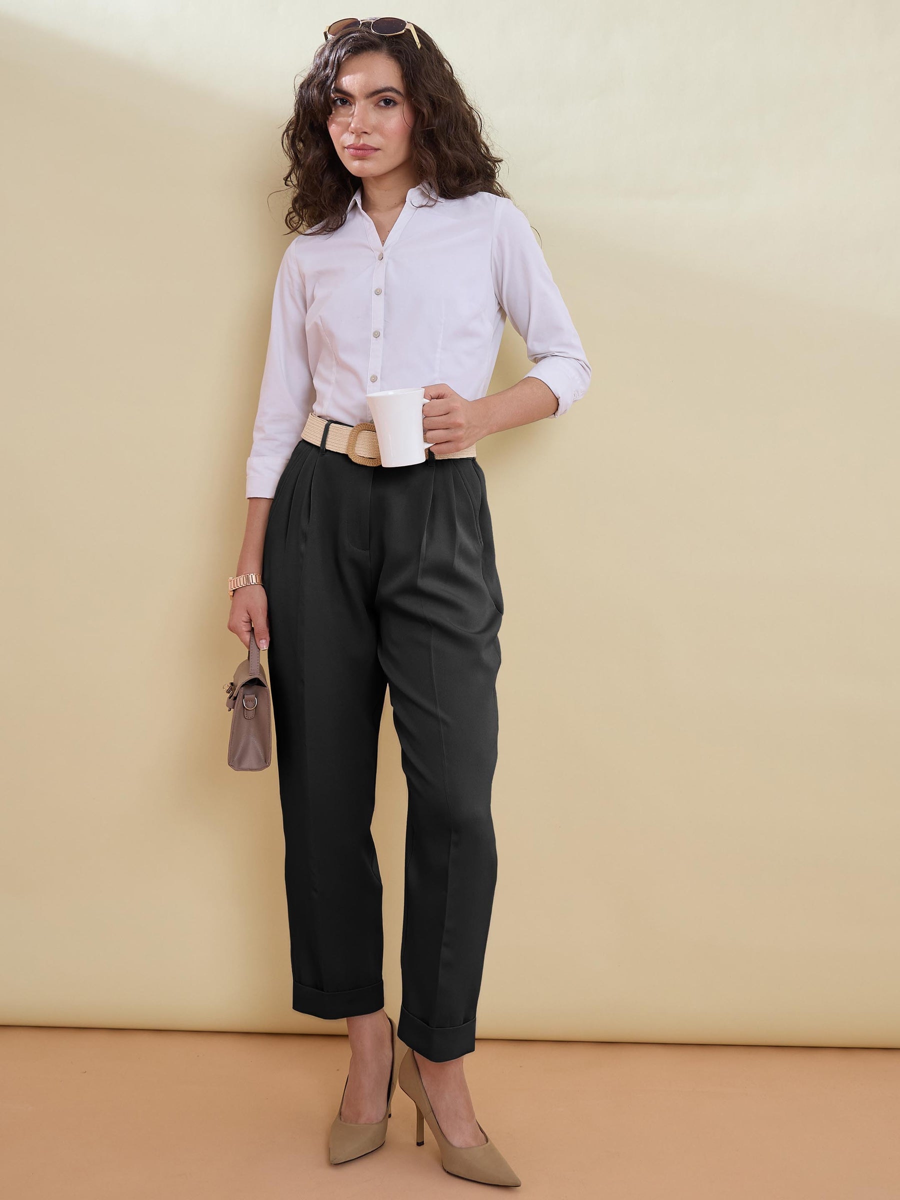 Black Roll Hem Front Pleated Formal Trousers-SASSAFRAS worklyf