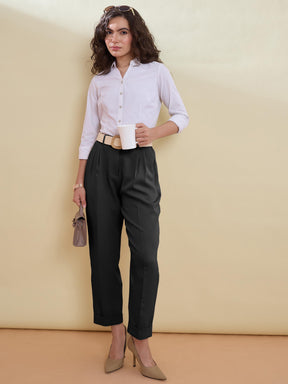 Black Roll Hem Front Pleated Formal Trousers-SASSAFRAS worklyf