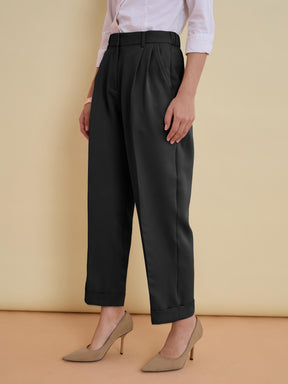 Black Roll Hem Front Pleated Formal Trousers-SASSAFRAS worklyf