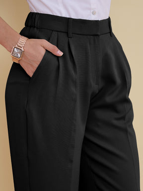 Black Roll Hem Front Pleated Formal Trousers-SASSAFRAS worklyf