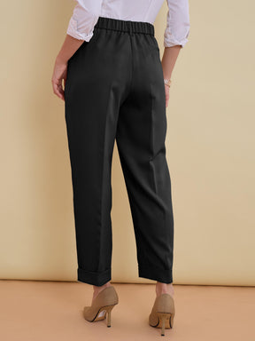 Black Roll Hem Front Pleated Formal Trousers-SASSAFRAS worklyf