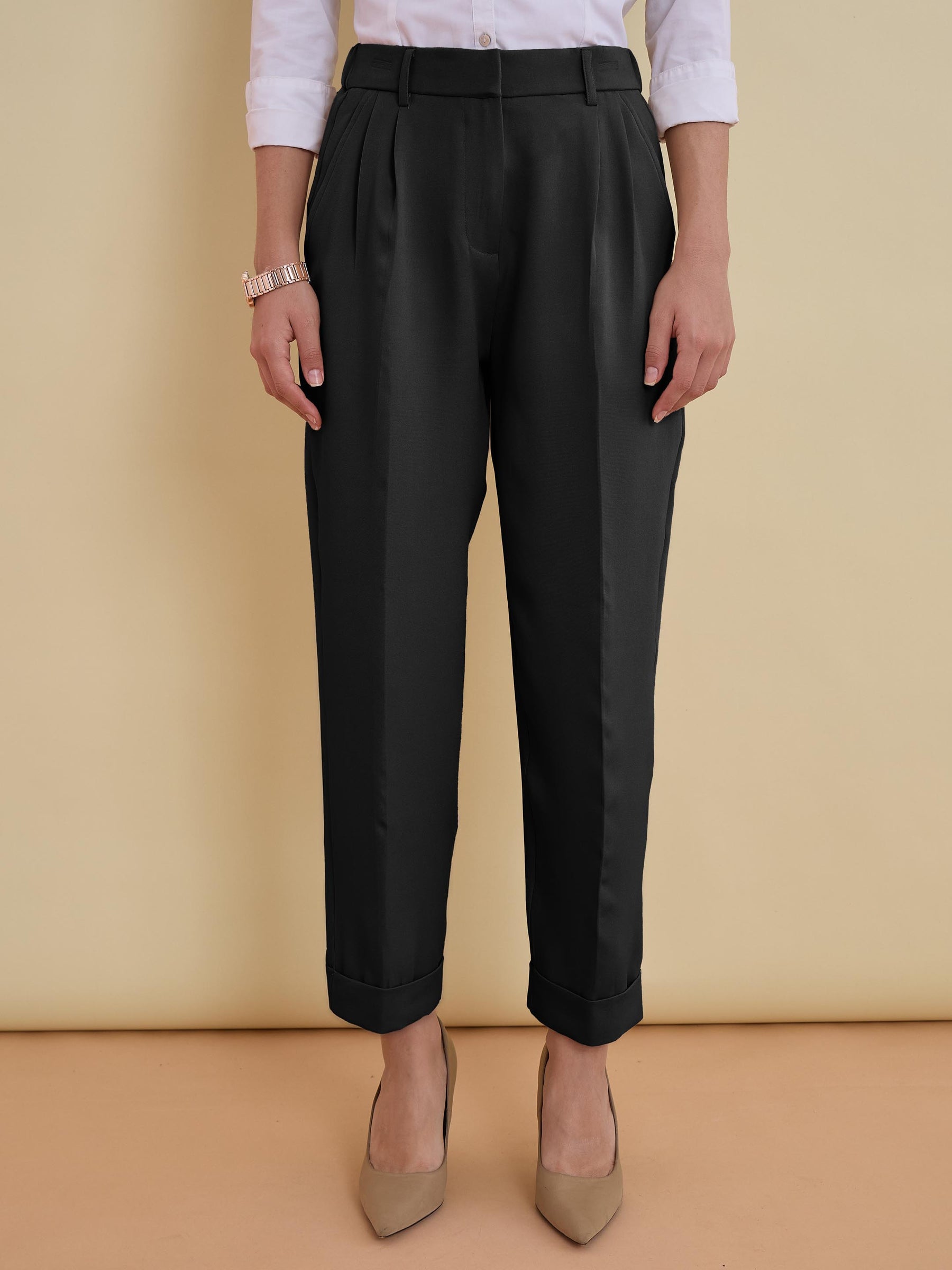 Women Black Roll Hem Front Pleated Formal Trousers