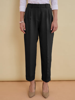 Women Black Roll Hem Front Pleated Formal Trousers