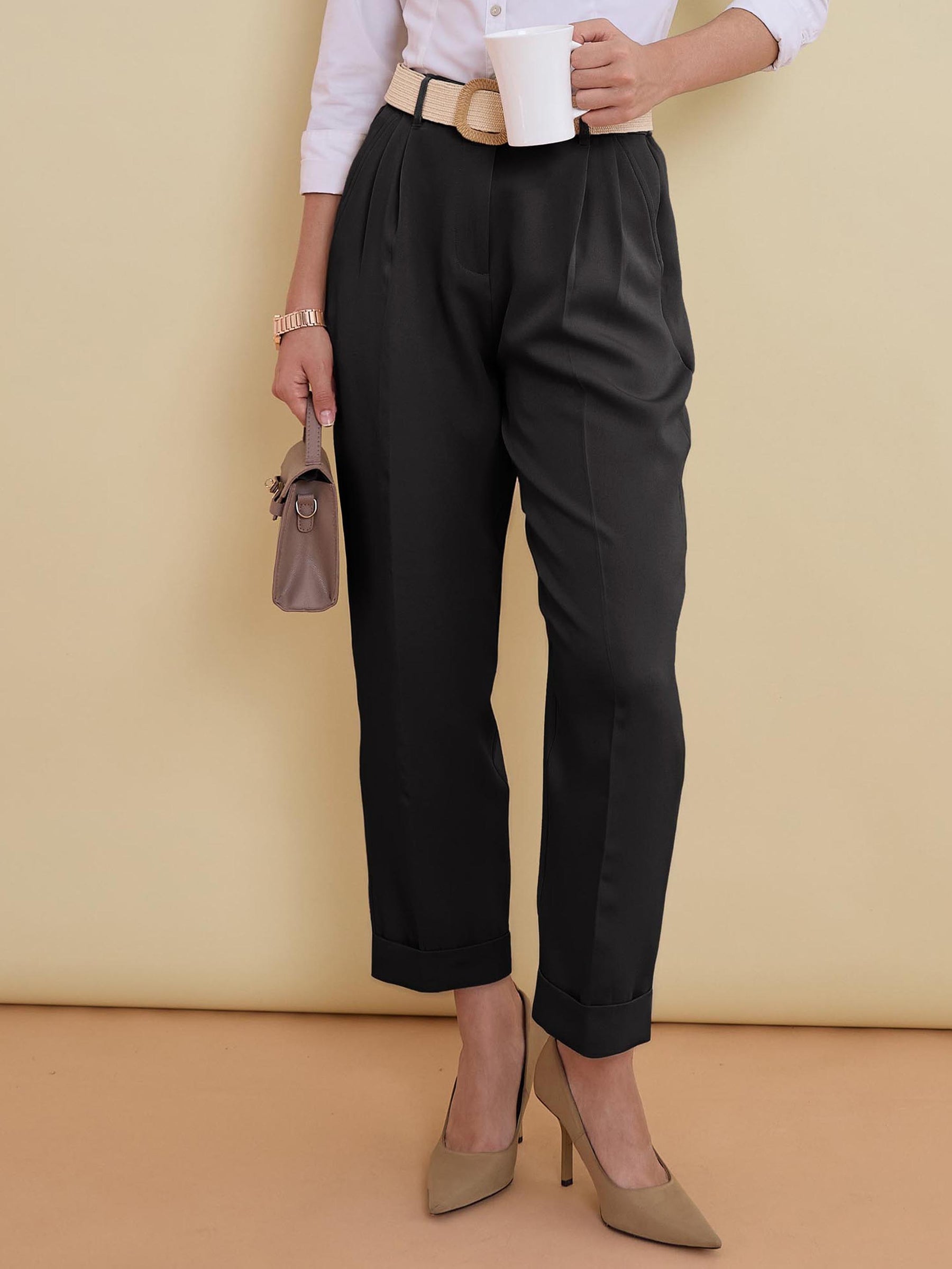 Women Black Roll Hem Front Pleated Formal Trousers