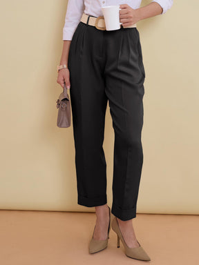 Women Black Roll Hem Front Pleated Formal Trousers