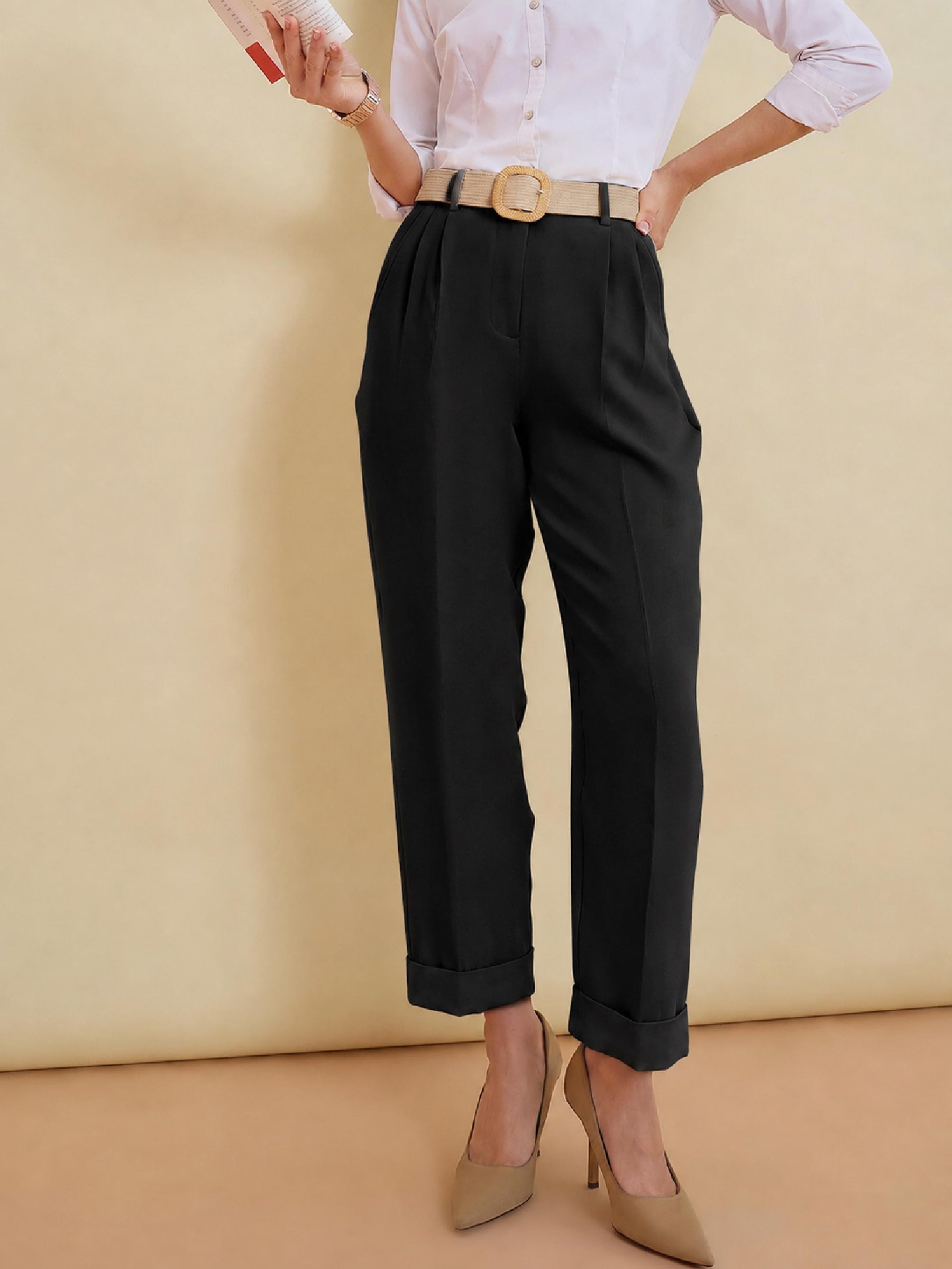 Women Black Roll Hem Front Pleated Formal Trousers