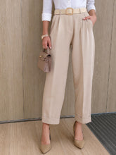 Beige Roll Hem Front Pleated Formal Trousers-SASSAFRAS worklyf