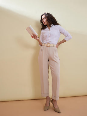 Beige Roll Hem Front Pleated Formal Trousers-SASSAFRAS worklyf