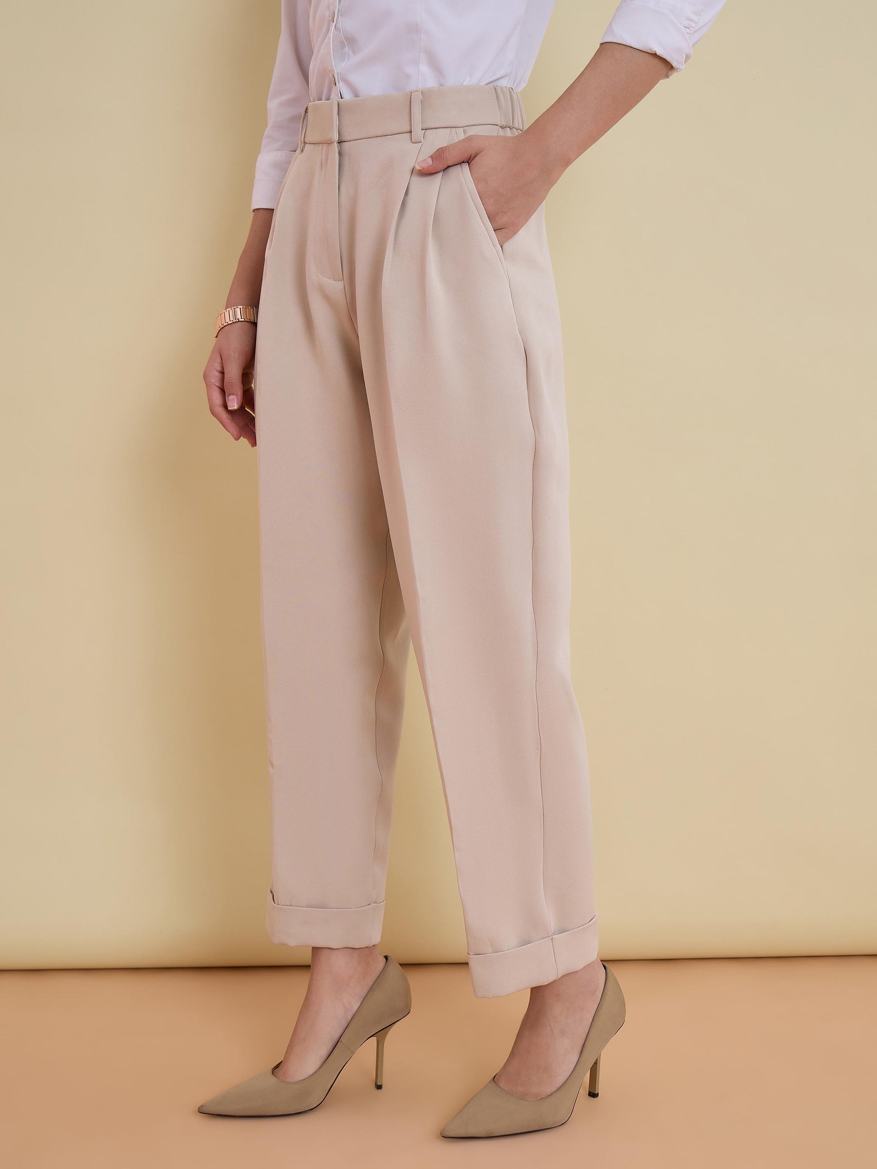 Beige Roll Hem Front Pleated Formal Trousers-SASSAFRAS worklyf