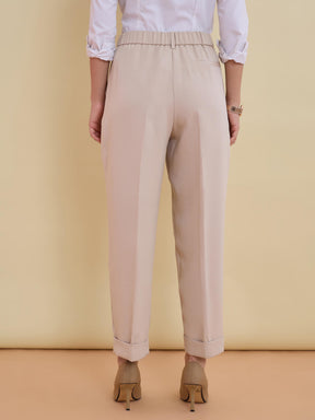 Beige Roll Hem Front Pleated Formal Trousers-SASSAFRAS worklyf