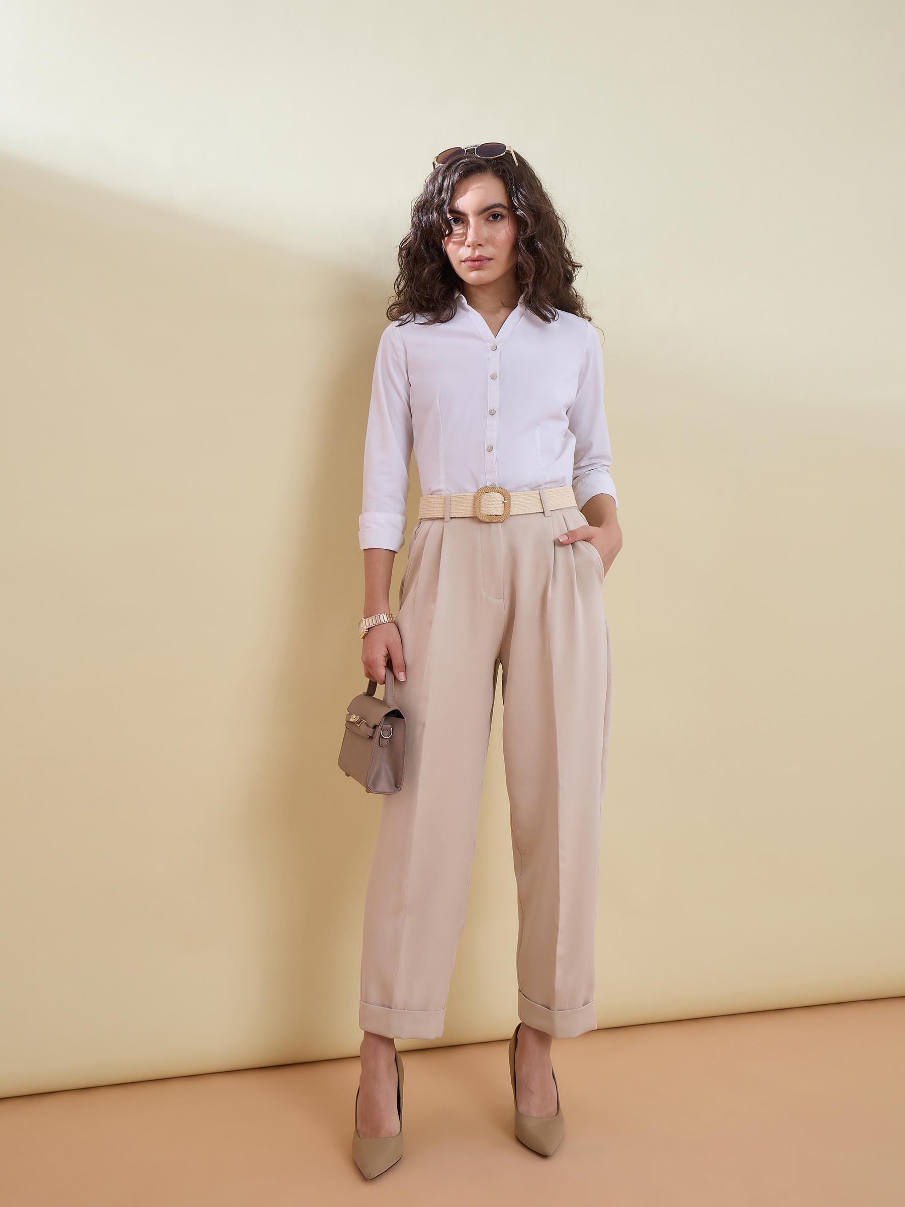 Women Beige Roll Hem Front Pleated Formal Trousers