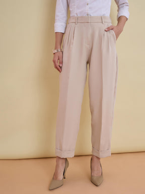 Women Beige Roll Hem Front Pleated Formal Trousers