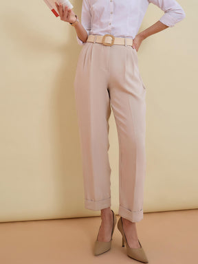 Women Beige Roll Hem Front Pleated Formal Trousers
