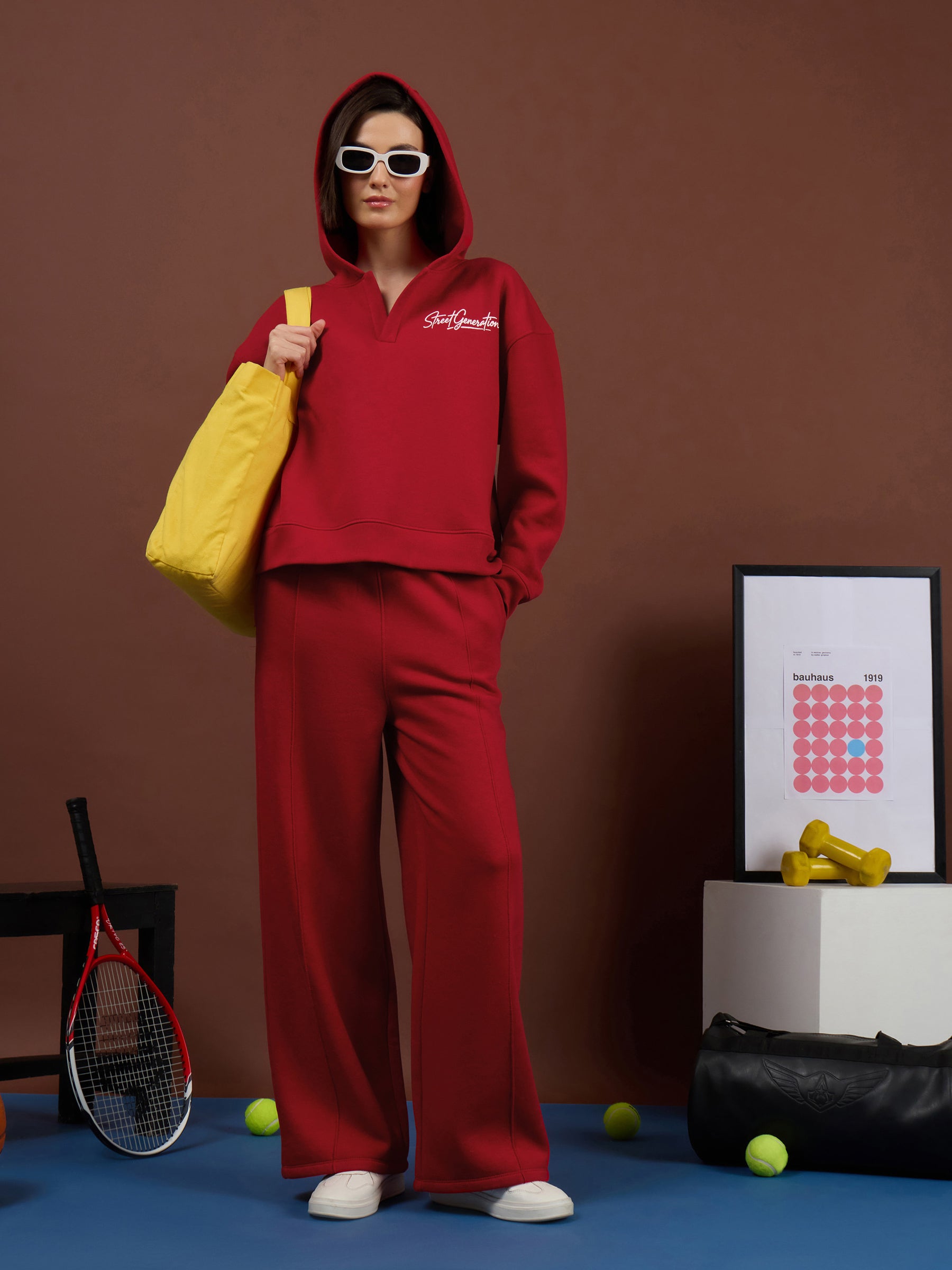 Red Fleece Conceal Zipper Pockets Track Pants-SASSAFRAS